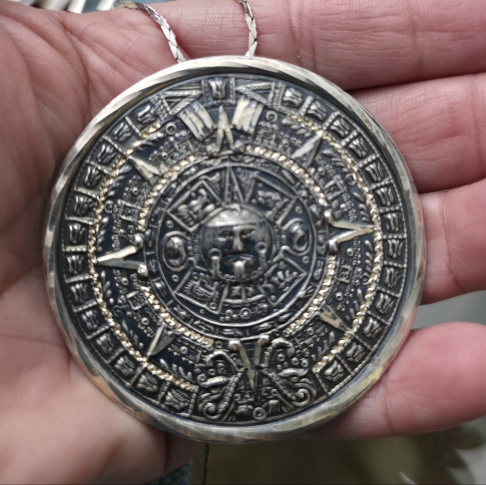 925 Sterling Big Silver Aztec Calendar Pendant Necklace